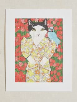 'Batty Is In Style' By Carly Beck Art Print -Wall Decoration Store Cat with Bird by CAB Grasscloth Portrait Design