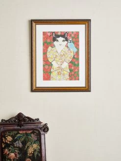 'Batty Is In Style' By Carly Beck Art Print -Wall Decoration Store Cat with Bird by CAB Grasscloth Portrait Large RS