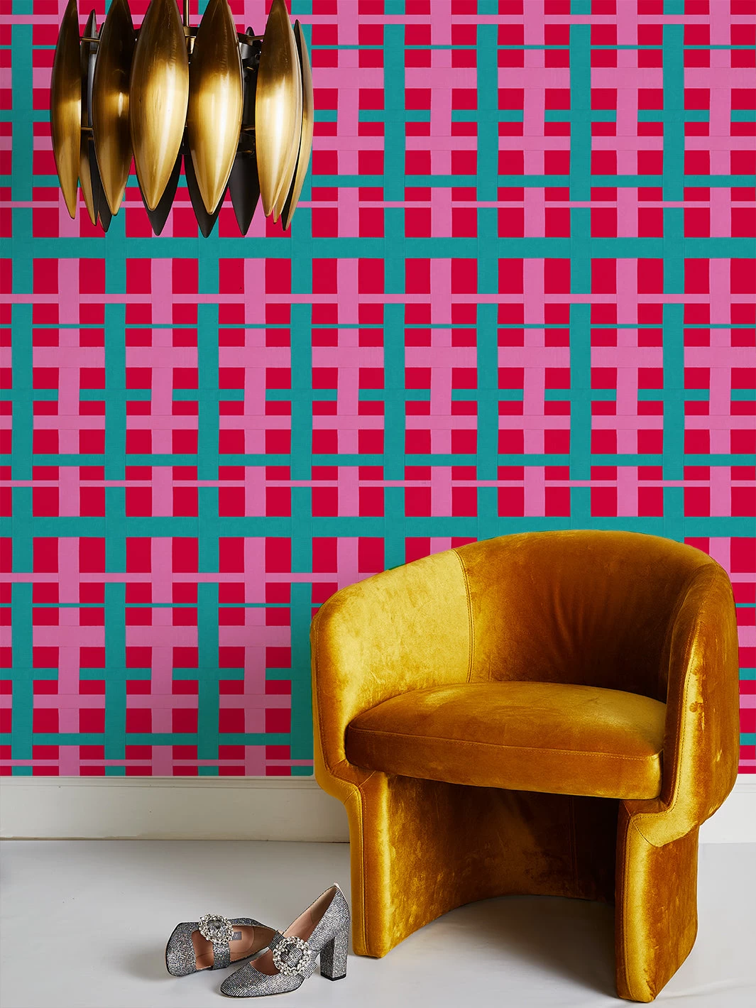 'Crosstown Plaid' Wallpaper By Sarah Jessica Parker - Teal On Geranium 4 'Crosstown Plaid' Wallpaper By Sarah Jessica Parker - Teal On Geranium - Image 2