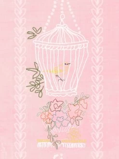 'Embroidered Birdcages' Wallpaper By Lingua Franca - Pink -Wall Decoration Store Embroidered Birdcages Pink Detail