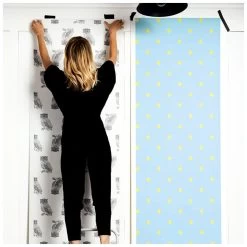 'Medina Dot' Wallpaper By Wallshoppe - Daffodil / Baby Blue 9 'Medina Dot' Wallpaper By Wallshoppe - Daffodil / Baby Blue -Wall Decoration Store Feature Image Lauren hanging