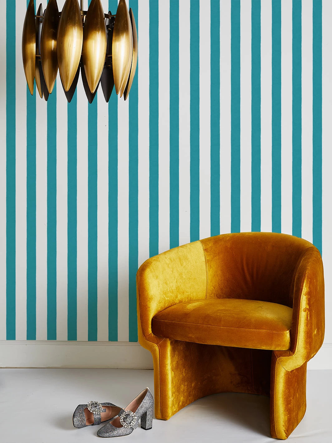 'Grosgrain Stripe On White' Wallpaper By Sarah Jessica Parker - Teal 4 'Grosgrain Stripe On White' Wallpaper By Sarah Jessica Parker - Teal - Image 2