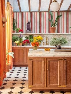 'Life Is A Banquet Stripe' Wallpaper By Lingua Franca - Peach + Rust