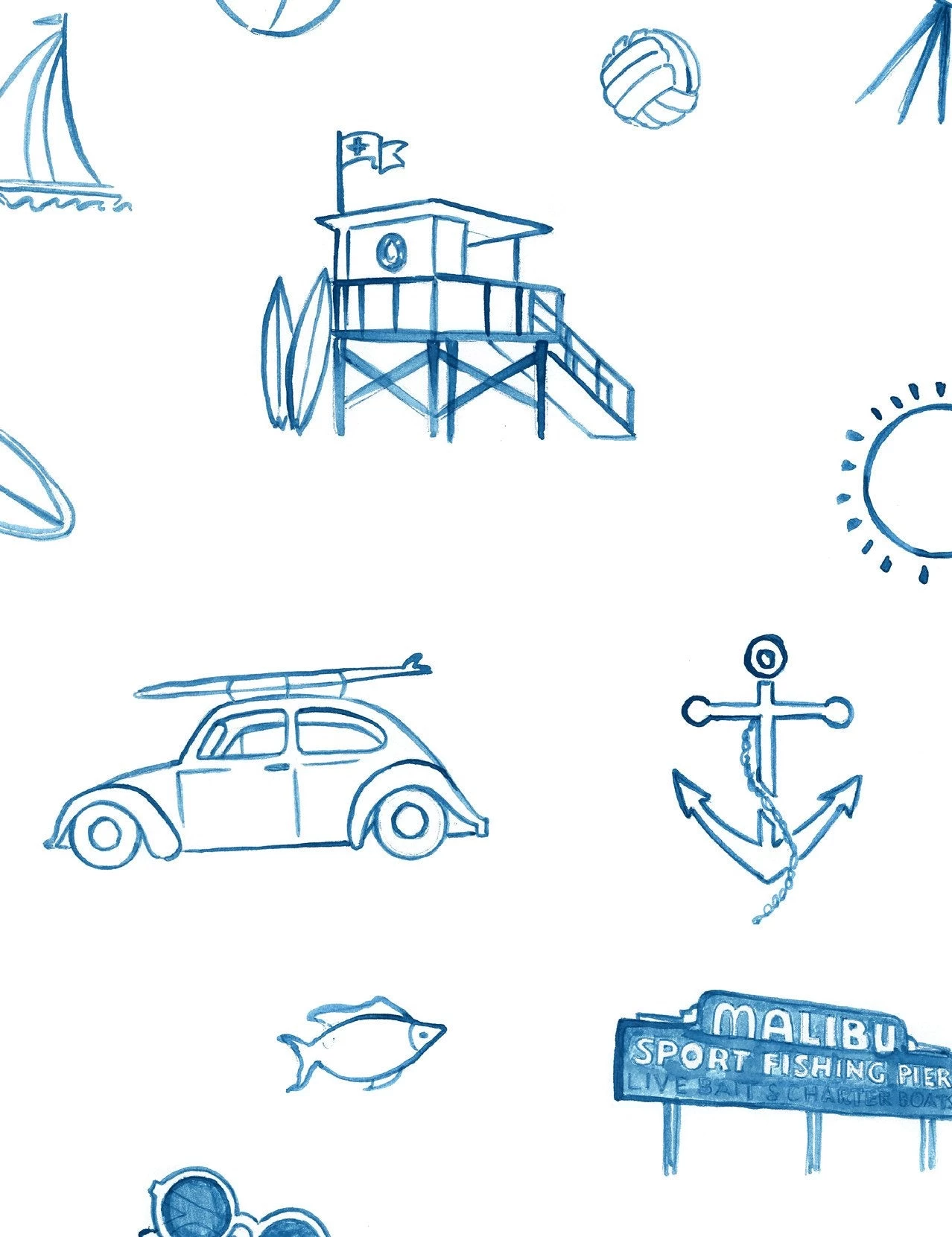 'Malibu' Wallpaper By Nathan Turner - Blue On White 5 'Malibu' Wallpaper By Nathan Turner - Blue On White - Image 3