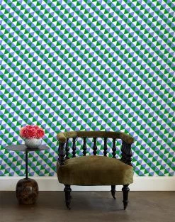 'Optic Triangle' Wallpaper By Clare V. - Bluebell / Olive -Wall Decoration Store Optic Triangle Bluebell Olive RS