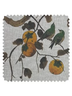 'Fabric By The Yard - Persimmon Birds - Mustard On Flax Linen
