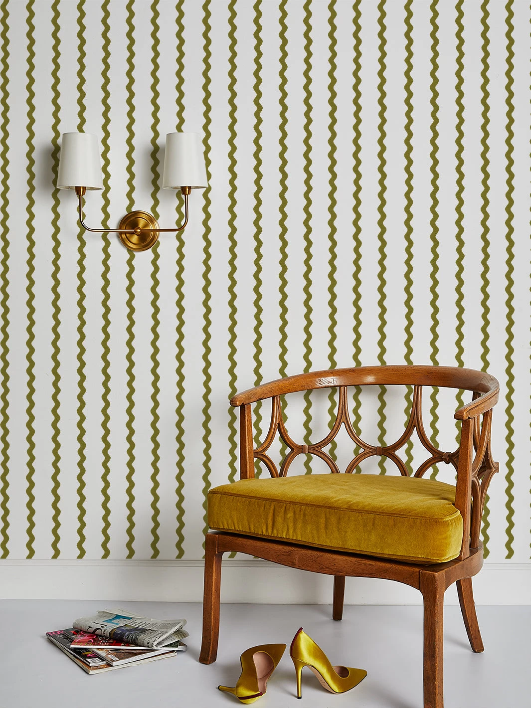 'Ric-Rac Stripe On White' Wallpaper By Sarah Jessica Parker - Olive 4 'Ric-Rac Stripe On White' Wallpaper By Sarah Jessica Parker - Olive - Image 2