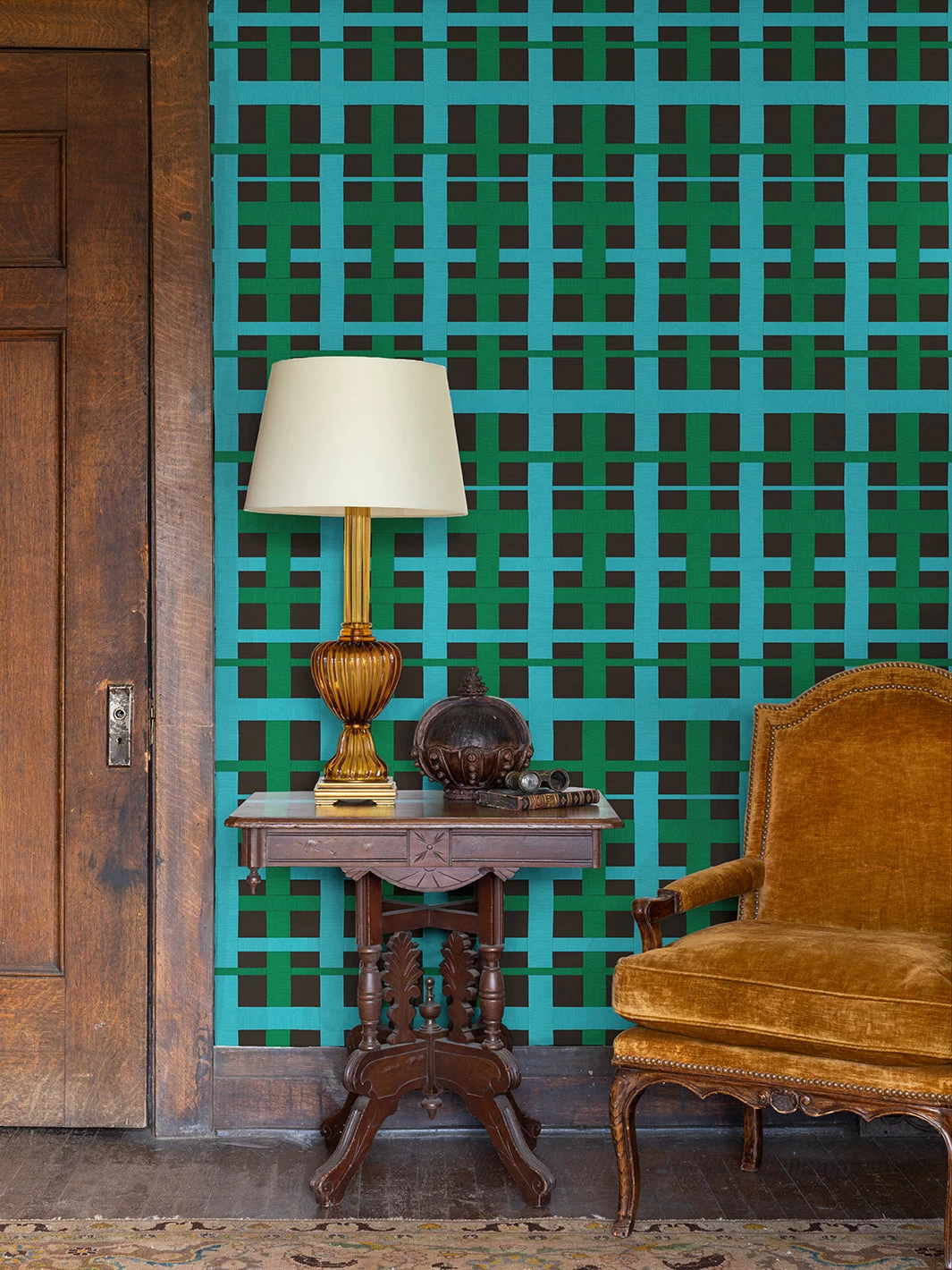 'Crosstown Plaid' Wallpaper By Sarah Jessica Parker - Emerald On Charcoal 4 'Crosstown Plaid' Wallpaper By Sarah Jessica Parker - Emerald On Charcoal - Image 2