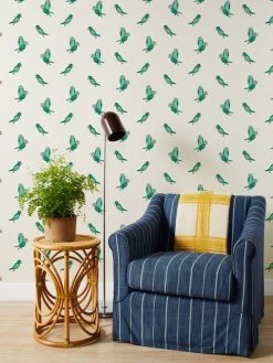 'Alexandrine Parakeet Small' Grasscloth Wallpaper By Tea Collection