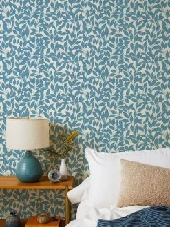 'Orchard Leaves' Grasscloth Wallpaper By Wallshoppe - Blue