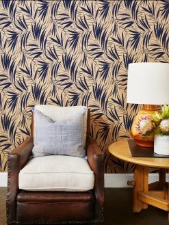 'Majesty Palm' Kraft' Wallpaper By Wallshoppe - Navy